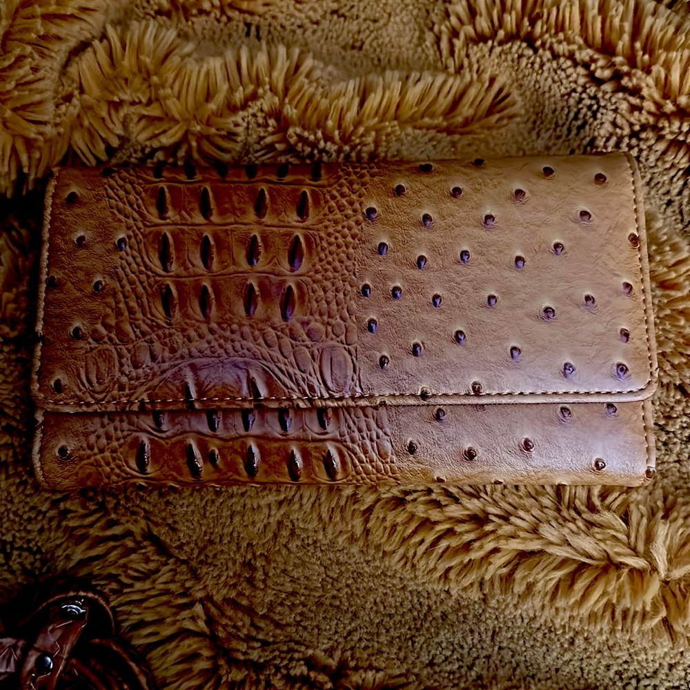 Ostrich Print Embossed Trifold Wallet with Checkbook Holder
